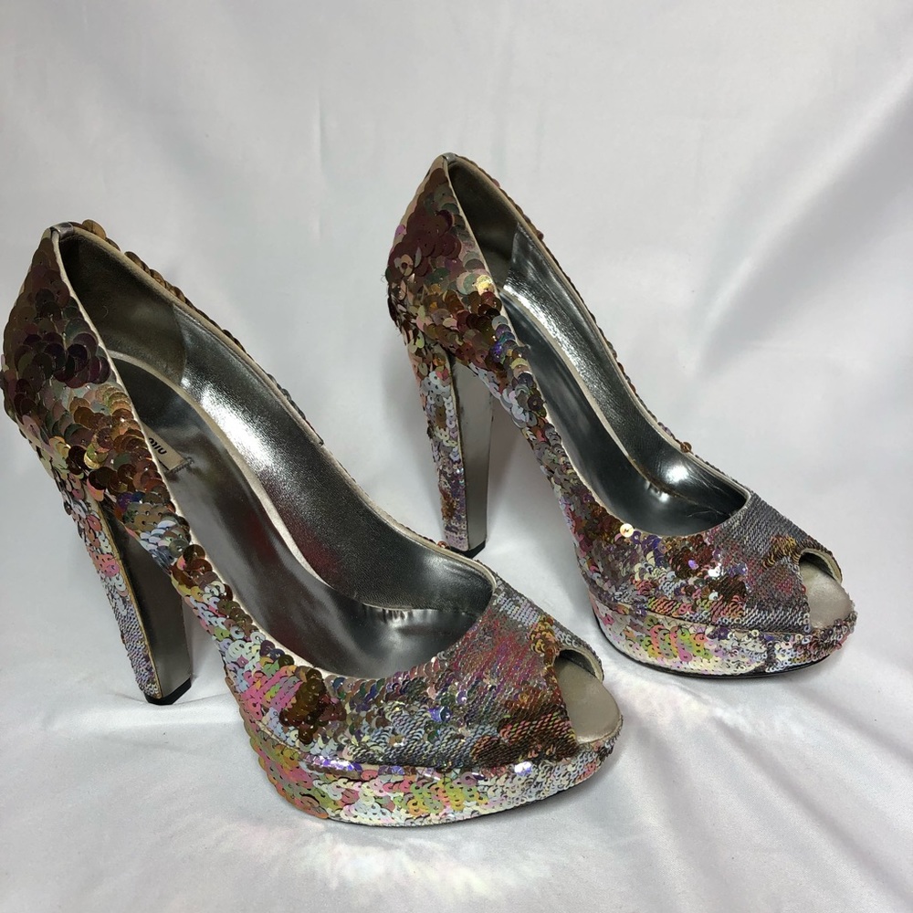 Miu Miu Iridescent Sequin Platform Peep-Toe - image 4